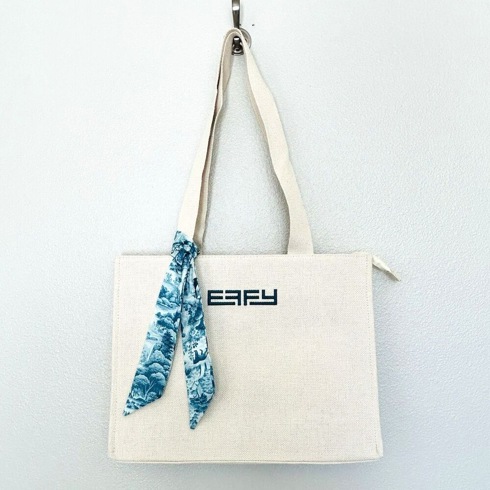 EFFY Embroidered Canvas Tote Bag Blue Toile Lining Scarf Accent Zip Top & Pocket